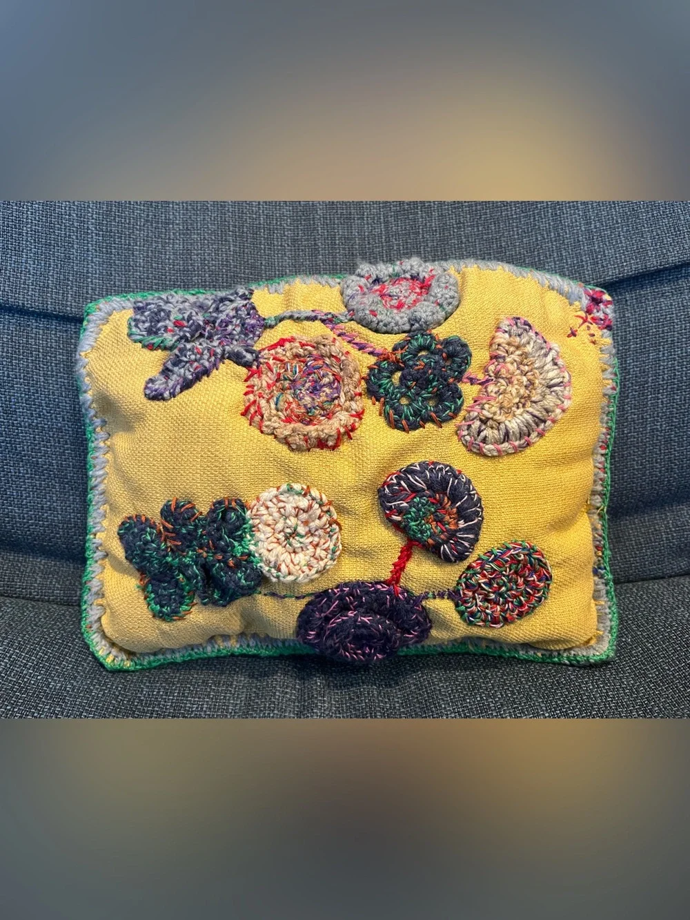 Handmade Embroidered Floral Pillow – Green Border – Boho Textile Art